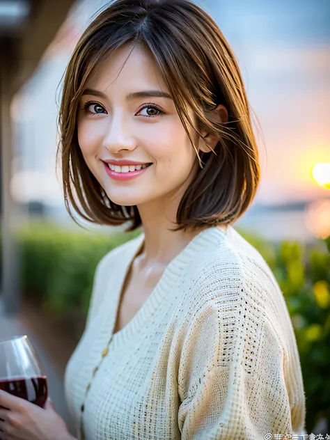 ((White Wine)),(( wine glasses)),(realistic, superrealistic:1.4), 16K HDR, high image quality,((White Wine)),(( wine glasses)),Pink dress、happy smile、 short hair, best smile、japanese actress, so beautiful( just like the real thing ), dress、slim co...