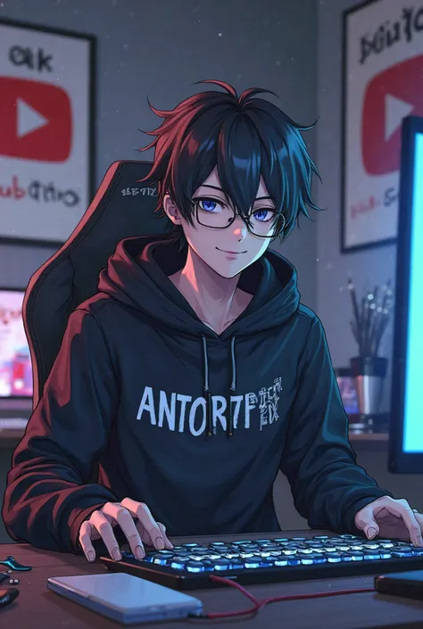 Create a anime boy who have a  mature looking like a man facing in front  he is a  YouTube content creator, sitting in his studio with futuristic gadgets, and there is mic near him ,wearing black hoodie, write ANTOR TECH FIX  in a black hoodie smiling, and...