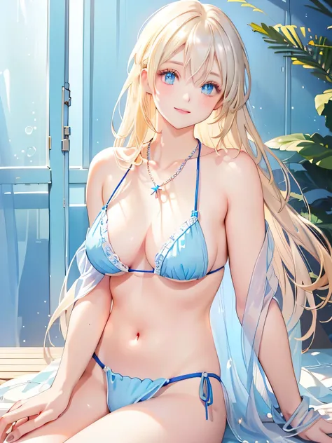 A girl in a blue cloth small bikini sits on a wooden floor. ((Blonde almost silvery)), (light blue mesh woven into her hair), shining smile, (big eyes), (colorful eyes), gradient eyes with blue undertones. Necklace, small diamond necklace, beautiful and at...