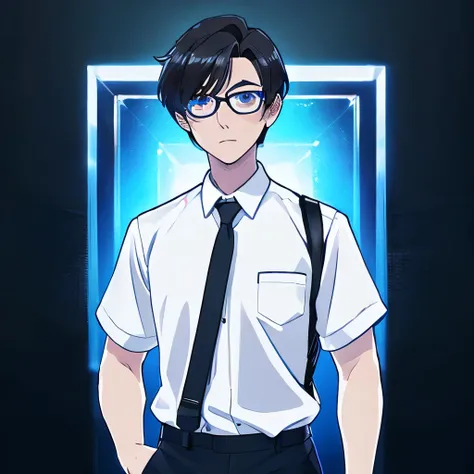 One man, tall, kind face, dark hair, thin blue mesh, short hair, blue eyes, white Y shirt, black tie, black pants, leather shoes, red glasses, background, putting his hands in his pants pocket, background, white transparent background, anime style, frontal...