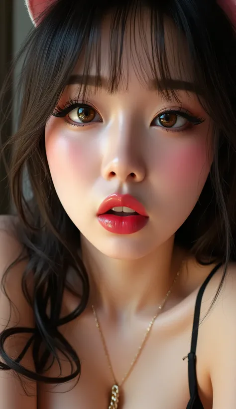 ((Best Quality, 8K, Masterpiece: 1.3)), perfect korean e-girl streamer makeup, plain thick black long sleeved tank top that emphasize perfect lined cleavage, cleavage line is slightly exposed, beautiful tits, amazing breast enhancement, refresh, hard blush...
