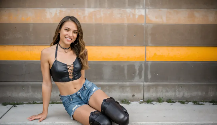 An outdoor setting at Daytona Bike Week. A sexy smiling American woman with a revealing leather crop top with lace-up front, ultra-short frayed denim shorts, thigh-high leather boots with buckles, and a bandana tied around her neck stands prominently in th...