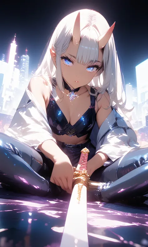 cyberpunk cybernetic ,(((oni_girl))), ((neon_light_katana)) multiple_view dynamic_angle highquality detailed_facial_features intricate_design cybernetic_enhancements glowing_eyes dramatic_pose dynamic_action_scene futuristic_city_background neon_lighting d...