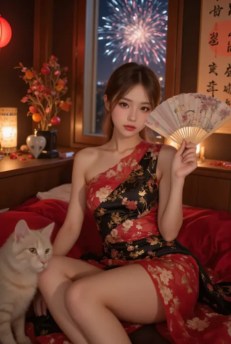 Cat ears、 face up, attractive, pretty girl, ponytail、 (( fine facial features , eroticism)), dramatic lighting , realistic , 8k, Dramatic Shadows , intricate and elaborate patterns , super detailed photo , chiaroscuro lighting , Pleasant colors , deep cont...