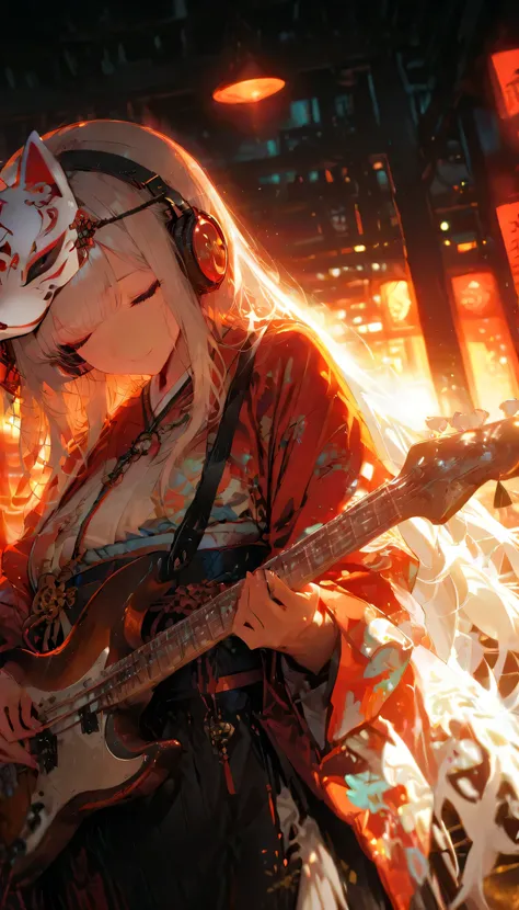 1girl, Looking at viewer, Very Long Hair, Closed Eyes, Headphones, Smile, Dutch Angle, Fox Mask, Cinematic Lighting, Japanese Illustration Style, Playing bass,
