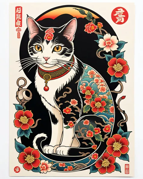 Traditional Japanese tattoo design , Neo-Japanese style cat,  sticker art  ,  