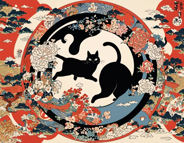 There is a circular picture of a cat and a woman in the circle、Swirl by Junji Ito 、Swirl、 ukiyo-e、 animals and people 々There is a circular picture  、cat