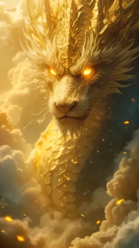 A majestic golden dragon emerging from ethereal clouds, its glowing amber eyes radiating power and wisdom. The dragon’s body is covered in intricate golden scales that shimmer in the light, blending seamlessly with the misty, celestial atmosphere. Floating...