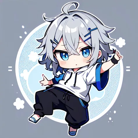    chibi,  hair,   is wearing a hoodie ,   full body,   expressionless ,   simple background,  dancing
1 boy   , alone,   blue eyes,  happy,Gray hair, 長い hair, 前hair, hair_  ornament  ,   is puffy  _   sleeve,    shirt, short_   sleeve,巻きhair,Belligerent