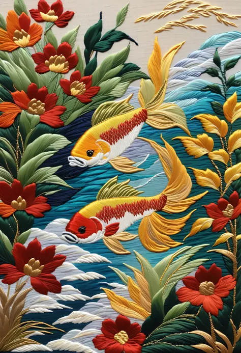 ( Embroidery work),Thin and Agile Fish, Background and :plant, spray ,Traditional Chinese Colors,Low saturation,Level Composition, leave blank ,Silver Silk Thread,Shiny Silk Thread,Silk Textures,Delicate Needlework, brighter,Shiny Suzhou Embroidery,New Cra...