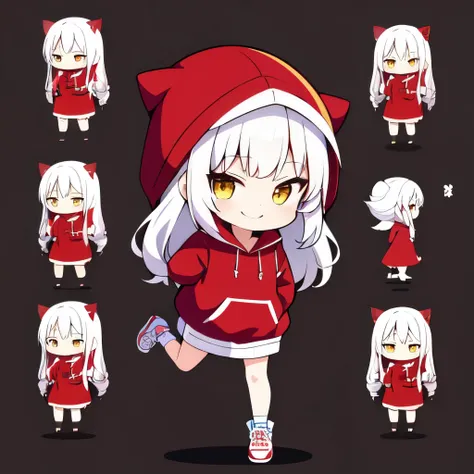   chibi,  hair,  She's wearing a red hoodie ,  full body, smile,  simple background,dancing
1 girl ,alone, yellow eyes, happy,White hair, red long hair, 前hair, 長いhair, is tall ,３Life-size, mature