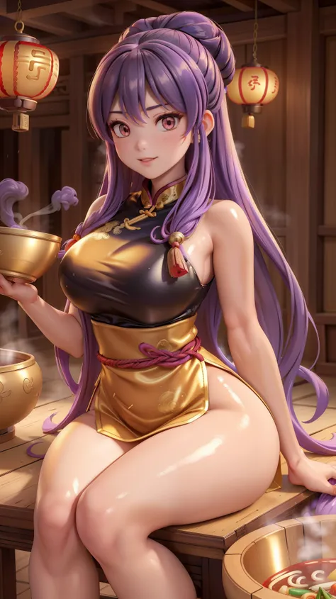 (((Top Quality))), ((Masterpiece)), ((Art)), (RAW Photo), (Shiny Skin), (Thick Thighs:1.3), (Vibrant Color:1.3), Ultra HD, High Resolution, Very High Resolution, Complex Grieble Pieces, Purple Color Theme, Purple Hair, Body Focus, Illustration, Cute Face, ...