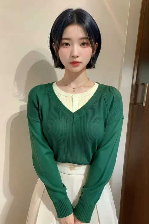 arafed asian woman with short hair and a green sweater, young adorable korean face, portrait of female korean idol, beautiful young korean woman, cute korean actress, with short hair, female actress from korea, gorgeous young korean woman, young cute wan a...