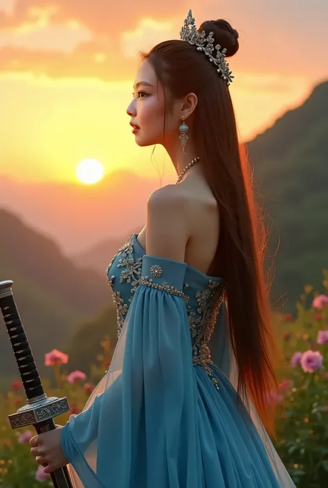 a young korean woman as a princess wearing sexy long, stunning glowing blue dress standing in the place of Nami Island, sunset, holding a samurai sword, she has a long straight brown hair