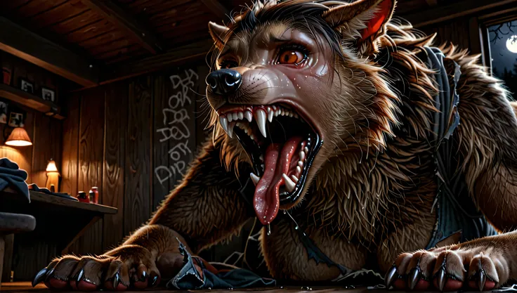 Low Angle Shot, Extreme Close-Up, portrait, Werewolf transformation, mid transformation, morfing, human:1.3, skin:1.3, [werewolf: human:0.2], [arms: paws:0.9], fangs:0.8, female, [red human skin: fur: 0.9], [human face: snout:0.9], wolf nose, detailed fur,...