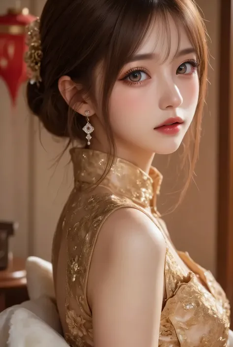 Cat ears、 face up, attractive, pretty girl, ponytail、few beautiful lady hair decorations, (( fine facial features , eroticism)), dramatic lighting , realistic , 8k, Dramatic Shadows , intricate and elaborate patterns , super detailed photo , chiaroscuro li...