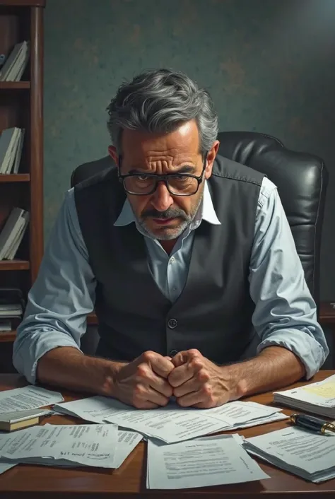 A worried businessman Muhammad Sadiq sitting at his desk, papers scattered, financial stress visible on his face, office setting, realistic style, emotional depth, digital painting, 4K resolution."