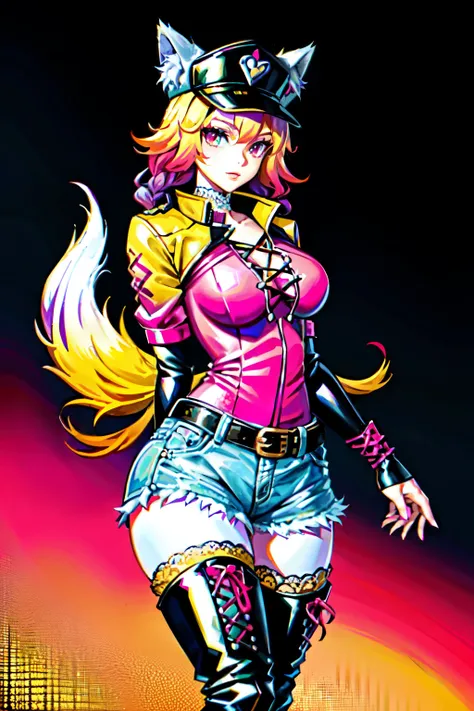 (best quality:2.0), (crisp:2.0), (highres:2.0), (((a rich yellow and pink gradient wolf tail:2.0))), anime, full body:2.0, (single image), (solo beautiful lady:2.0), (masterpiece:2.0), (detailed face:2.0), (detailed eyes:1.4), ((denim shorts:2.0)), ((thick...