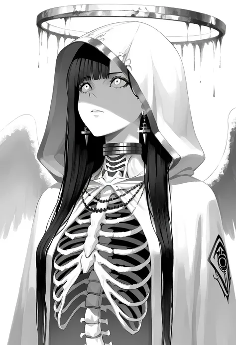 Psyanime,masterpiece, best quality, good quality, newest, highres, absurdres, sketch,1girl, skeleton, jewelry, earrings, hood, solo, long hair, halo, white background, ribs, simple background, monochrome,wings, looking up