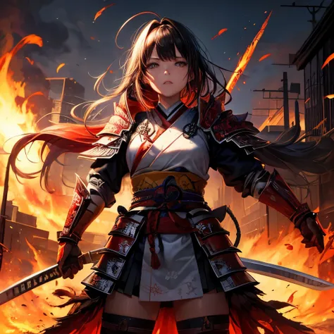  Crimson Feathers Mix and Match Shattered Armor，Scattered Hair，Seven Broken Swords，Rust Eyes，Female Samurai，crazy，Red aura，modern urban background，Red Flames