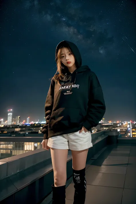 1girl,highres,  high quality,  masterpiece,black hoodie, white short, rooftop with city light in the background, starry night, 