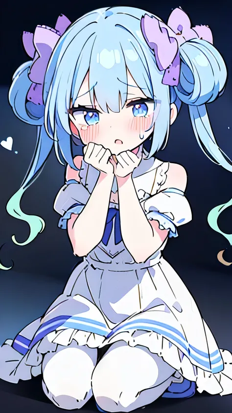 1 girl, best quality, squatting, pantyshot, white panty, (white pantyhose), hands between legs, close legs, White blouse, Frills, Flat Chest, long hair, blue eyes, double bun, purple bow, Blue Hair, Twin tails, Hair between the eyes, hair bow, eyebrows vi...