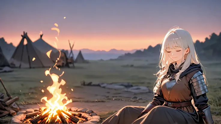  huge _very high resolution, high resolution, 걸작, recent, 1 female, long hair, white hair, Close your eyes and sleep , light smile, medieval adventurer outfit,  soft_light,  blurry , sunset, small bonfire, Panoramic View, camped, high resolution background...