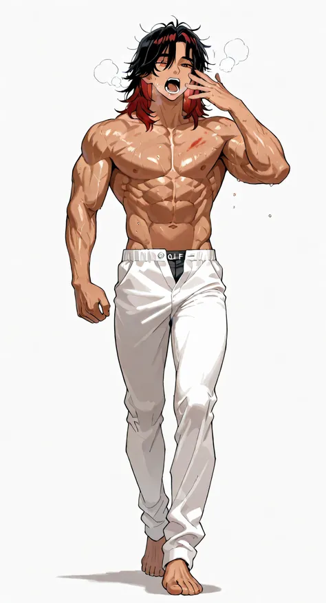 1 man, fit, handsome, tall, wavy black hair, one line of red hair, middle part hair, wolfcut, medium length hair, messy hair, breathing heavy, sweaty, neutral face, defined red eyes, cold eyes, brown skin, sexy body, muscular body, defined muscles, big arm...