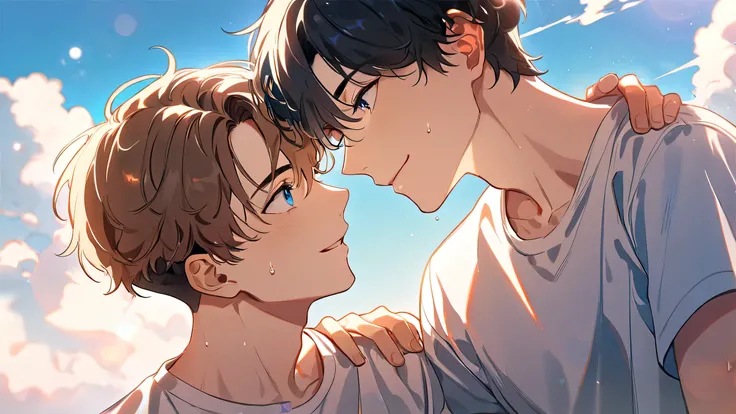 2boys, multiple boys, yaoi, looking at another, hand on another's shoulder, smile, short hair, black hair, closed eyes, brown hair, blue eyes, shirt, lens flare, sky, cloud, blue sky, sweat, best quality, amazing quality, best aesthetic, absurdres, year 20...