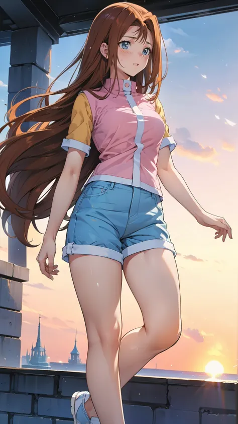   female 1 person, high image quality, Hi-Res,   super real  ,8k, serenidaddm ,  long hair,  brown hair,   pink shirt ,   blue shorts  ,   gray eyes,   big breasts,  Blue Sneakers  ,  big breasts,Europe, sexy,upper body close-up, Taken from the front , dyn...