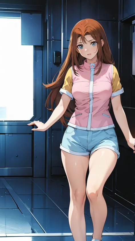   female 1 person, high image quality, Hi-Res,   super real  ,8k, serenidaddm ,  long hair,  brown hair,   pink shirt ,   blue shorts  ,   gray eyes,   big breasts,  Blue Sneakers  ,  big breasts,Europe, sexy,upper body close-up, Taken from the front , dyn...