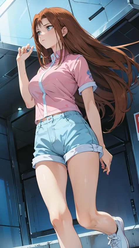   female 1 person, high image quality, Hi-Res,   super real  ,8k, serenidaddm ,  long hair,  brown hair,   pink shirt ,   blue shorts  ,   gray eyes,   big breasts,  Blue Sneakers  ,  big breasts,Europe, sexy,upper body close-up, Taken from the front , dyn...