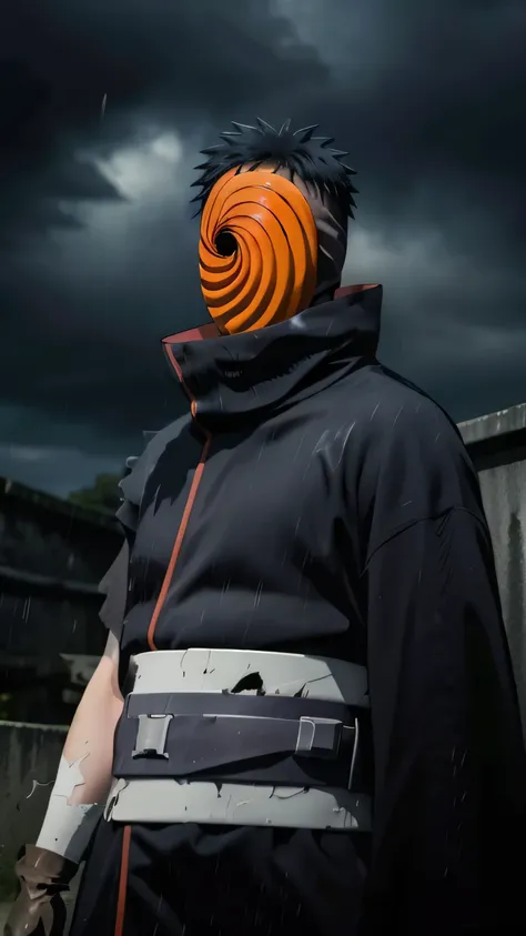 score_9,score_8_up,score_7_up,source_anime,rating_safe BREAK masterpiece,highres,best quality,high quality,dramatic angle,cinematic lighting,1boy,Tobi,orange mask,black hair,black robe,akatsuki robe,black robe with red cloud pattern on it,patterned,black g...