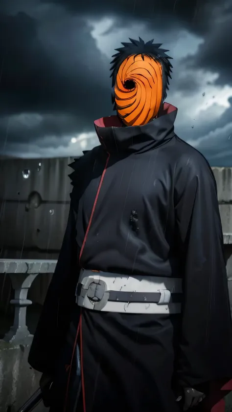 score_9,score_8_up,score_7_up,source_anime,rating_safe BREAK masterpiece,highres,best quality,high quality,dramatic angle,cinematic lighting,1boy,Tobi,orange mask,black hair,black robe,akatsuki robe,black robe with red cloud pattern on it,patterned,black g...