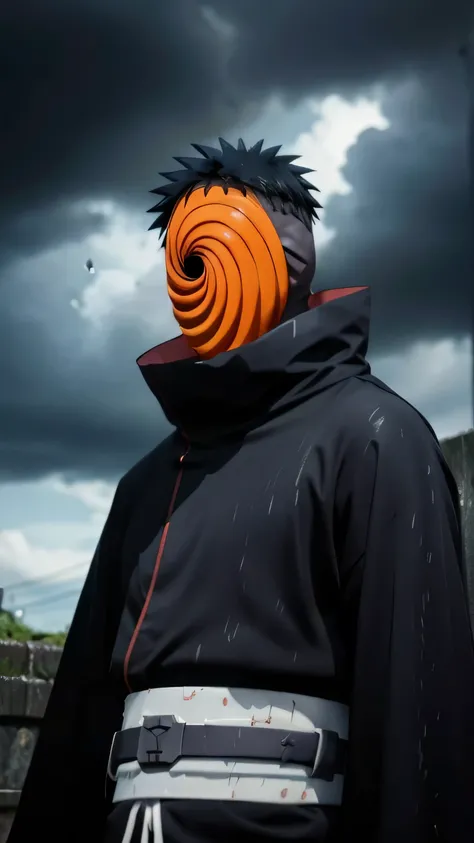 score_9,score_8_up,score_7_up,source_anime,rating_safe BREAK masterpiece,highres,best quality,high quality,dramatic angle,cinematic lighting,1boy,Tobi,orange mask,black hair,black robe,akatsuki robe,black robe with red cloud pattern on it,patterned,black g...