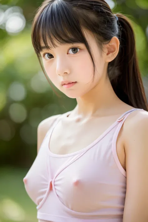 Junior high school girl ponytail　Highest quality、one girl、Japan 、 elementary school student、baby face、、 very cute face、bangs、Idol 、 thighs、 very beautiful face、、 3rd grader 、、Very beautiful eyes、 provocative face、Make your chest look perfect、perfect exposu...