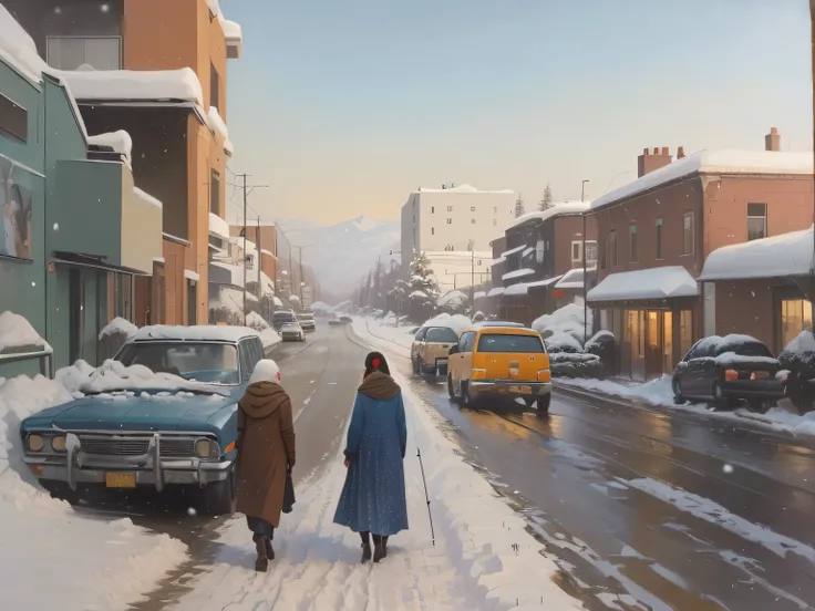 picture of a couple walking on a snowy road in a car by Abdullah Gelgri, inspired by Robert Vector, by Sohrab Sepehri, by Edmond Amand-Jean , Oil painting in the 1980s, by Taravat Jalali Farahani, アブドラ・ゲルグリ著,   picture of a city with a mk47  