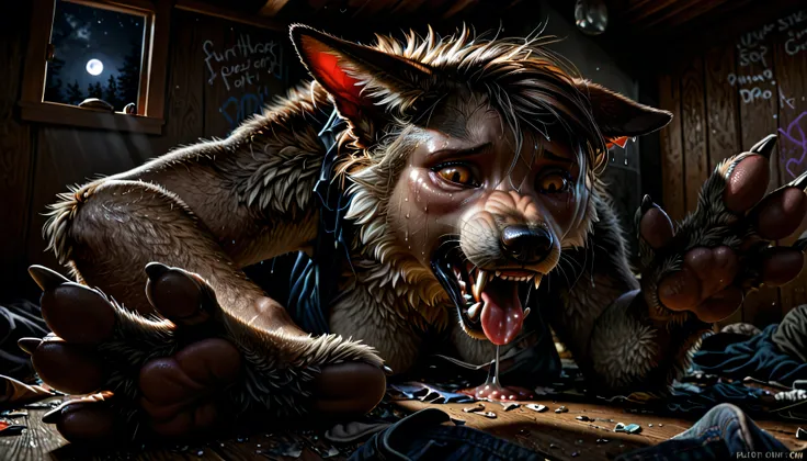 Low Angle Shot, Extreme Close-Up, portrait, human skin:1.3, feet:1.3, [feet: paw:0.7], paw, female, wolf, human morfing into wolf, mid transformation, transformation, fangs:0.8,  detailed fur, gradual fur, spread, crying, screaming, tongue, sweating, drool...