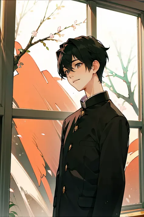 Japanese man handsome short dark-haired adult short cropped smile In the classroom window window windowの外は初春 There is only one cherry tree Shaved head Shaved head Shaved head Shaved head Black school run school uniform Black school run