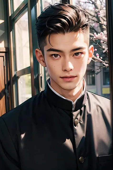 Japanese man handsome short dark-haired adult short cropped smile In the classroom window window windowの外は初春 There is only one cherry tree Black school run school uniform Black school run Shaved head Shaved head Shaved head Shaved head