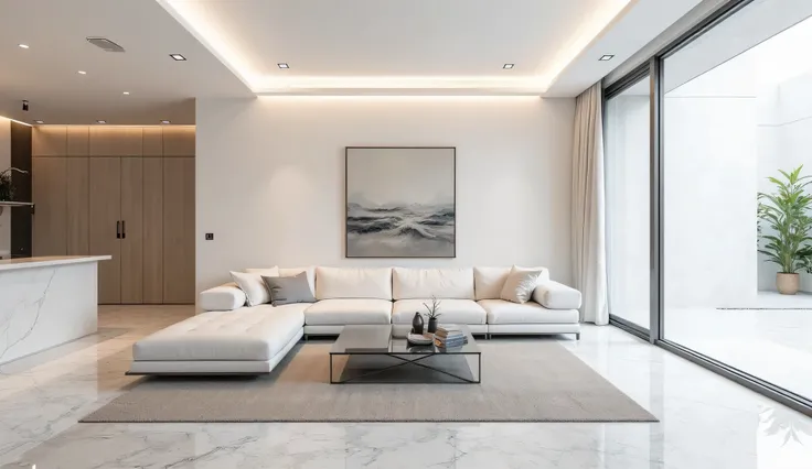 "A modern, minimalist living room with a bright and airy aesthetic. The space features crisp white walls, a sleek open layout, and luxurious finishes like polished white marble and large-format light gray gres flooring. A contemporary white sectional sofa ...