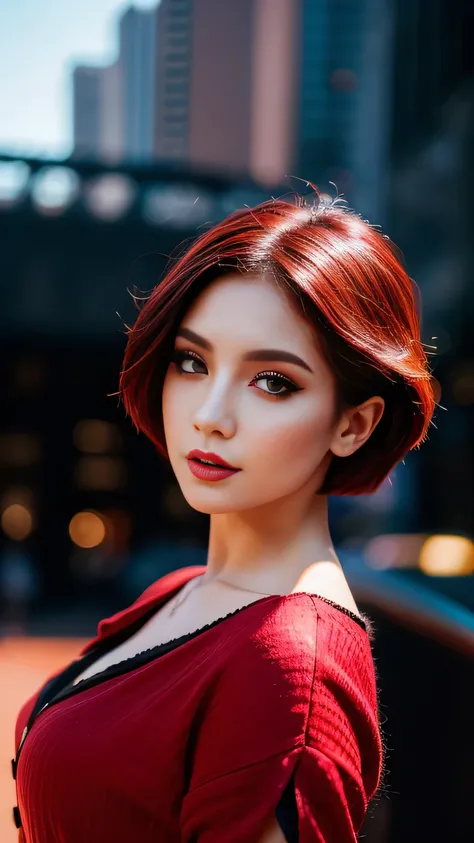 beautiful girl, half body portrait, short bright red disheveled hair, black eyeshadow, (street style wear:1.2), (city background:1.2), dark makeup, digital art, trending on artstation, highly detailed, fine detail, intricate,  beautiful detailed glow, deta...