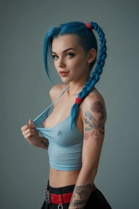 I want Jinx from arcane, but not wearing a top cover breastNubsExposed) One nipple with her hand the other nipple is covered by her braid, and her tattoos are more fractal in nature. But still, the what cloud like structure is still there. Um, for the vide...