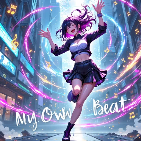 Anime-style illustration of a dancer mid-motion, surrounded by swirling lights and music notes glowing around them like energy waves. Their expression is pure joy and confidence, with every movement radiating power and individuality. The background is a st...