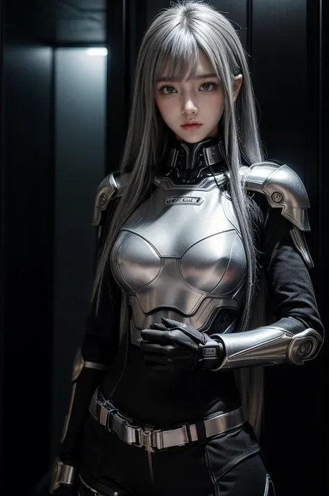 cyber angel,machine wing,{{Sci-Fi Armor}},cyber suit,cyberpunk,science fiction,cyber battle armor,Battledress,Military Uniforms,pants,black military uniform,whole body,Height: 168cm,almond shape eyes,{{{{{silver eyes}}}}},{{{{{dull bangs}}}}},(slanted eyes...