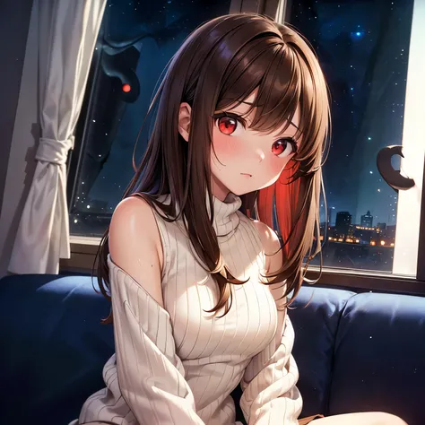 masterpiece, 1girl, solo, sitting on sofa, holding phone, looking at viewer, (brown hair, red eyes, white virgin killer sweater: 1.3), indoors, apartment, (night sky visible through window: 1.5), window view, cozy lighting, messy hair, sidelocks, blush, sw...