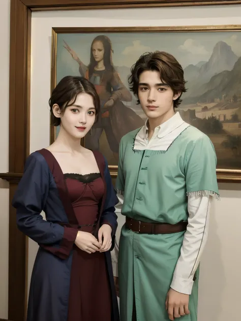 363 (20 year old woman and 20 year old man),(short hair), (high quality photos), (gentle smile), ( colorful costumes ), (Leonardo da Vinci painting)