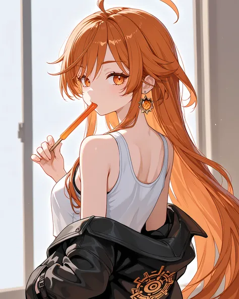 1 girl,mavuika(genshinimpact),medium breast,white tank top,black casual jacket outer,Look back,cool face,eating orange candy stick,back potrait shot,