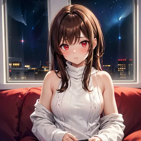 masterpiece, 1girl, solo, sitting on sofa, holding phone, looking at viewer, (brown hair, red eyes, white virgin killer sweater: 1.3), indoors, apartment, (night sky visible through window: 1.5), window view, cozy lighting, messy hair, sidelocks, blush, sw...