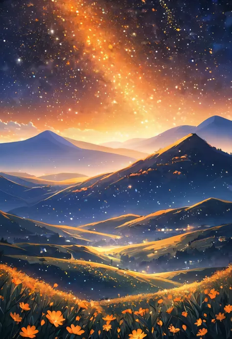 Orange sparkling starry sky landscape